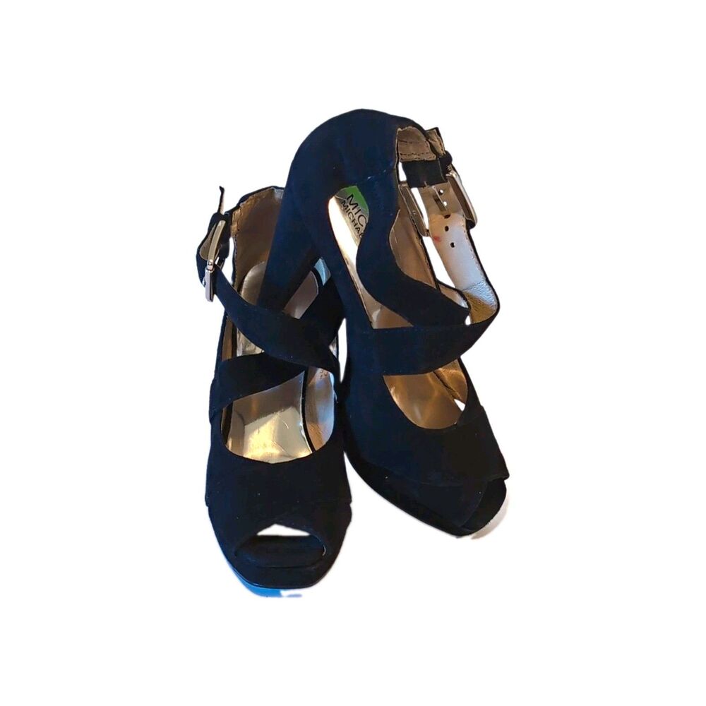 Michael Kors Black Suede Strappy Peep Toe Ankle Strap Block Heels Sz 7M
